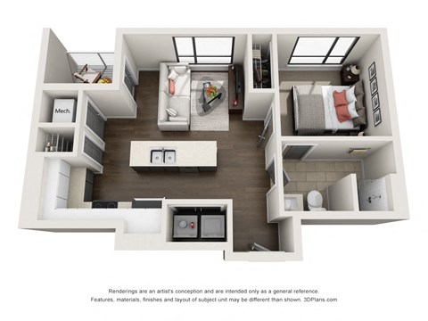 Floor plan for 1 bed, 1 bath, 542 sqft